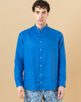 Camicia Coreana in 100% lino Blu