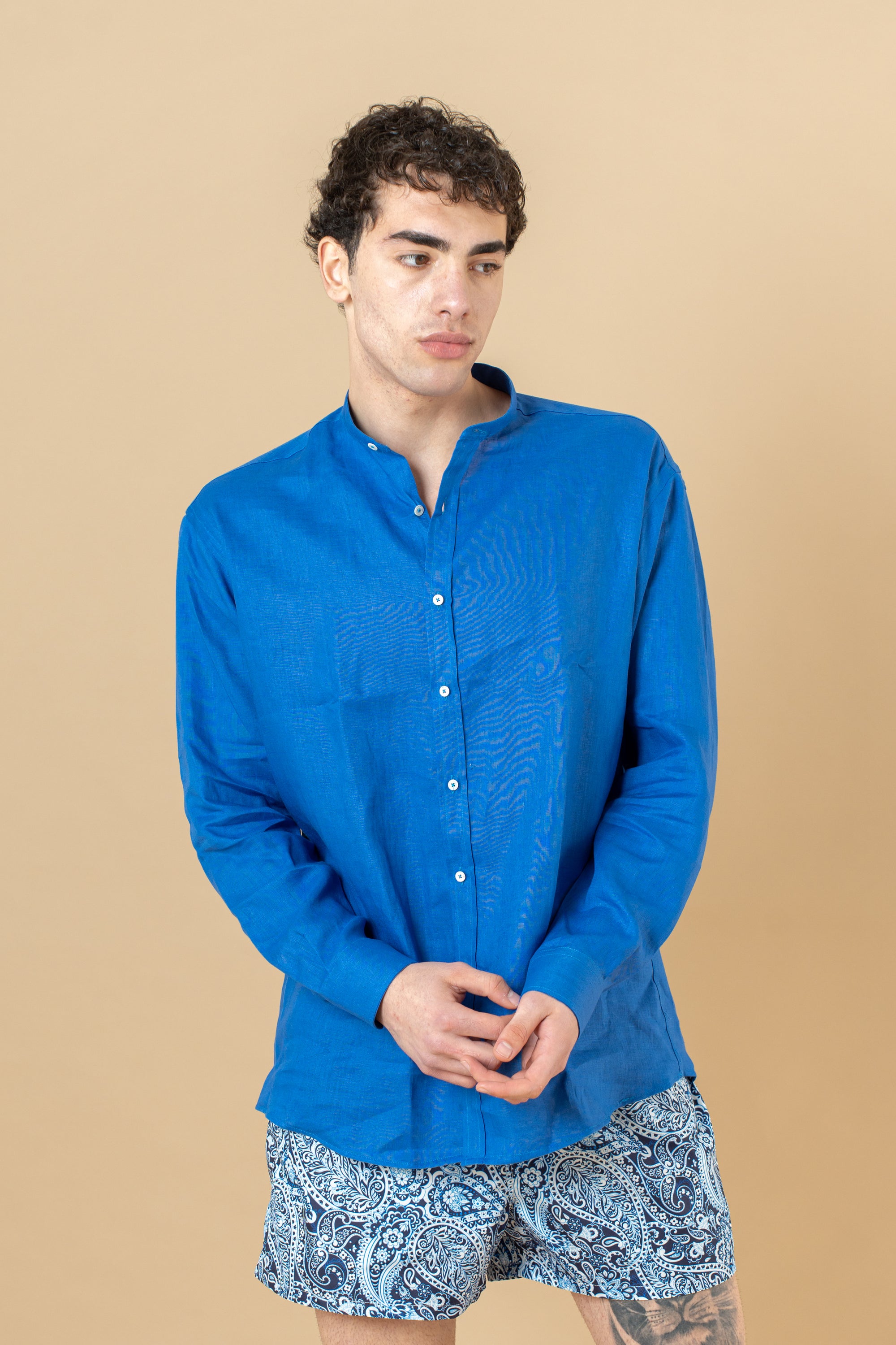 Camicia Coreana in 100% lino Blu