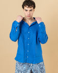 Camicia Coreana in 100% lino Blu